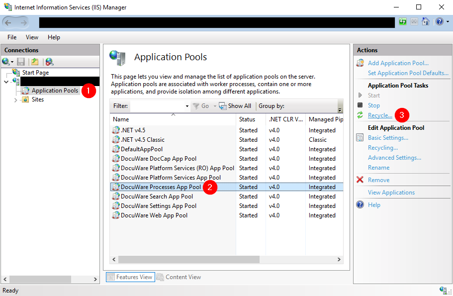 The interface of the Internet Information Services Manager, annotated with markers showing how to recycle the DocuWare Processes App Pool.