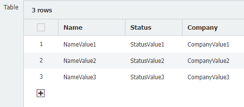 Table <br>Name <br>NameValue1 <br>NameValue2 <br>NameValue3 <br>StatusValue1 <br>StatusValue2 <br>StatusValue3 <br>Company <br>CompanyValue1 <br>CompanyValue2 <br>CompanyValue3 